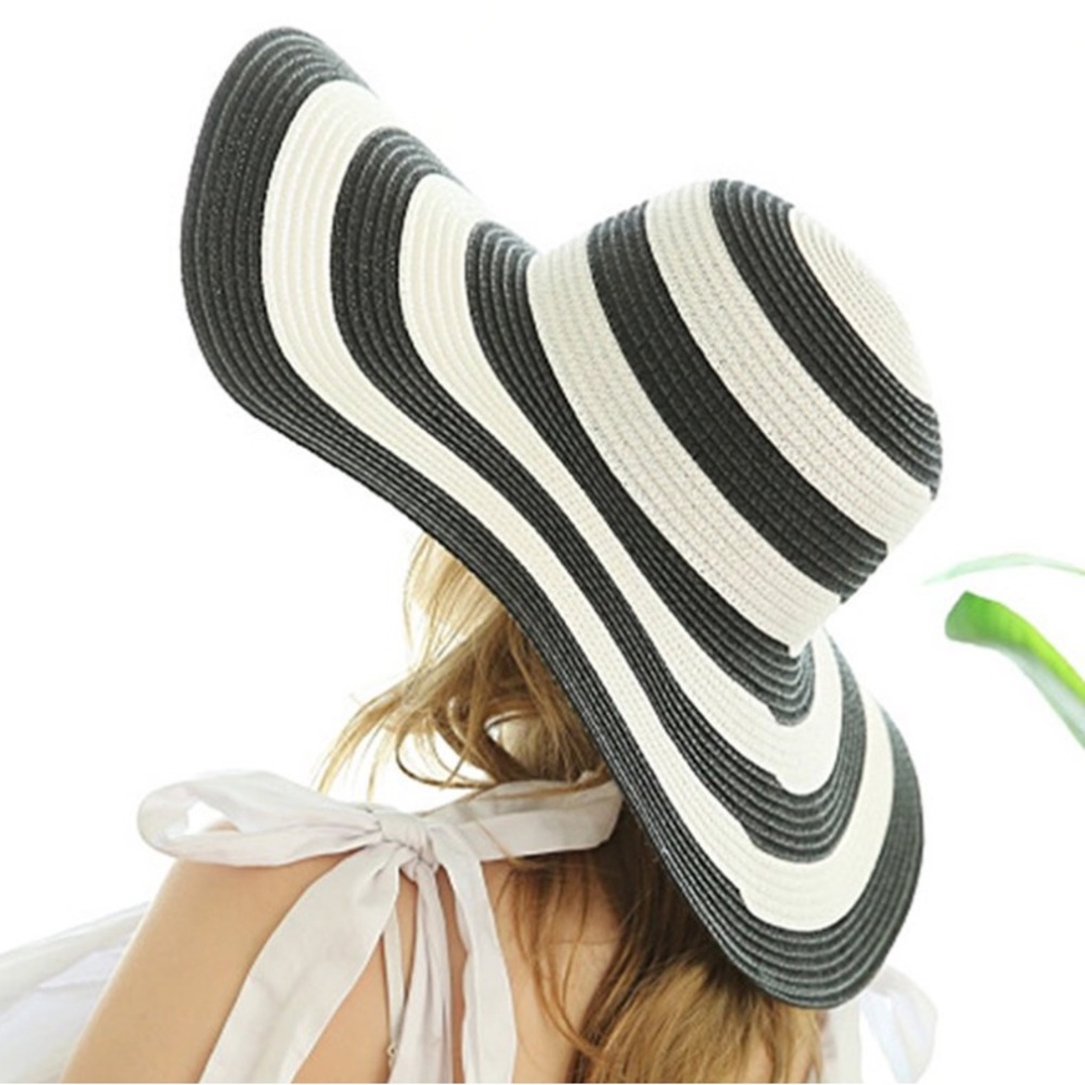 Blue and White Striped Floppy Wide Brim Beach Sun Hat